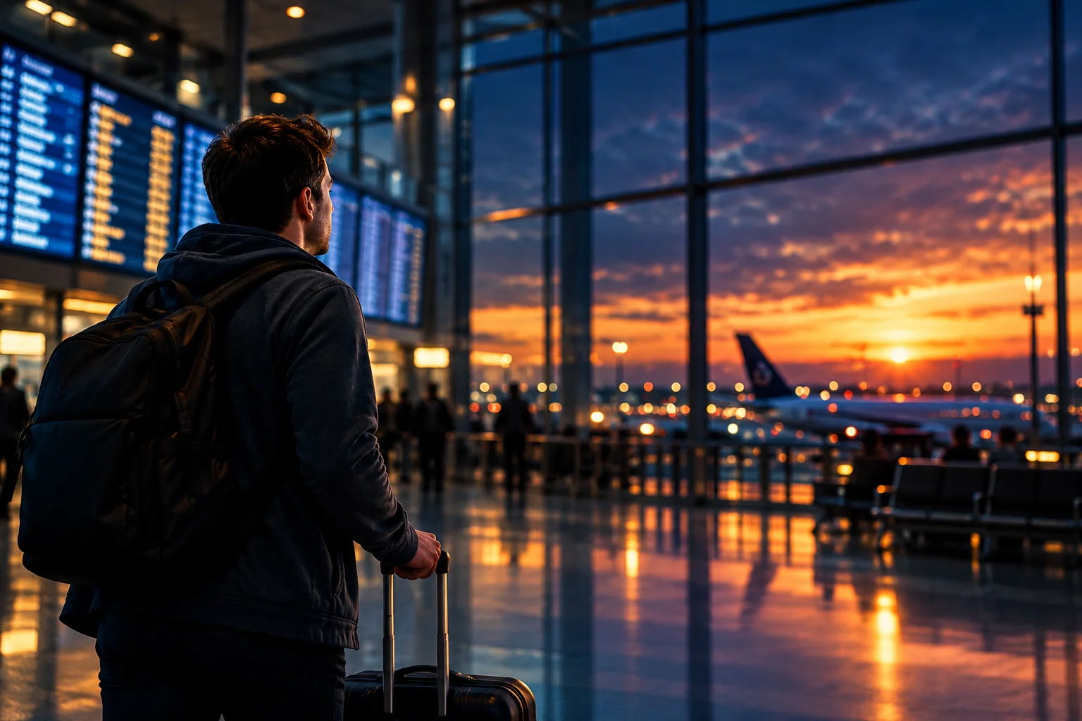 Traveler with a suitcase looking through terminal windows at sunset