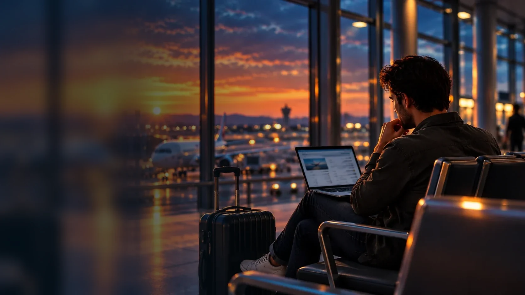 Traveler seated in an airport terminal reviewing booking options on a laptop at sunset