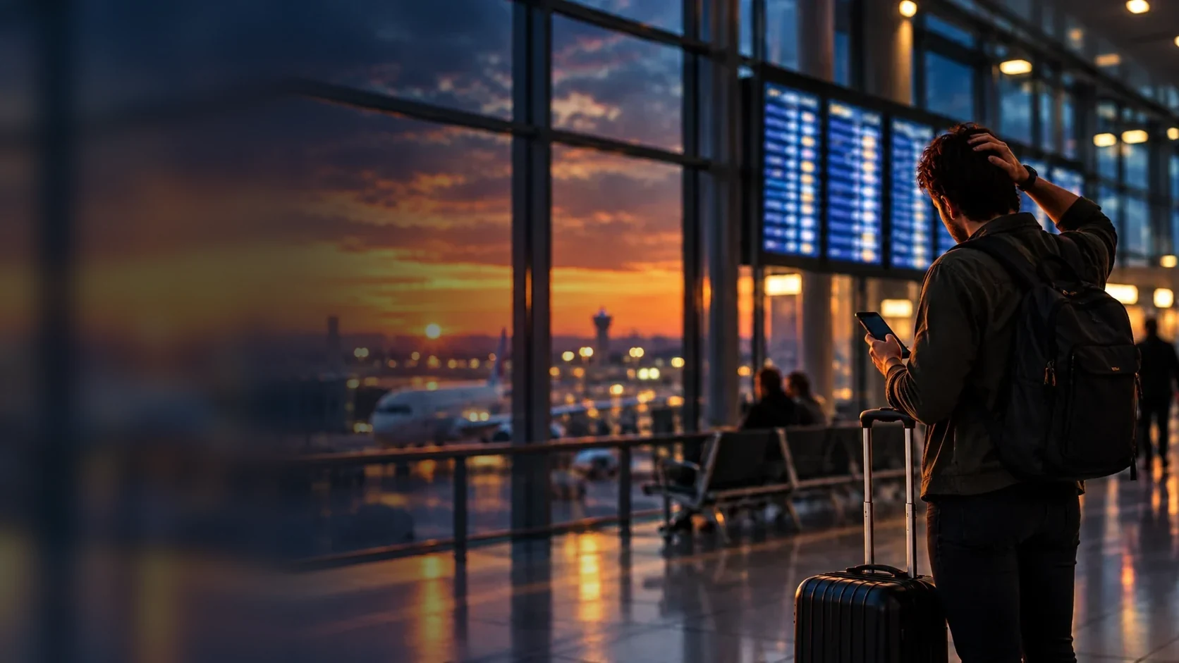 Traveler checking flight information in an airport terminal at sunset while planning a schedule change