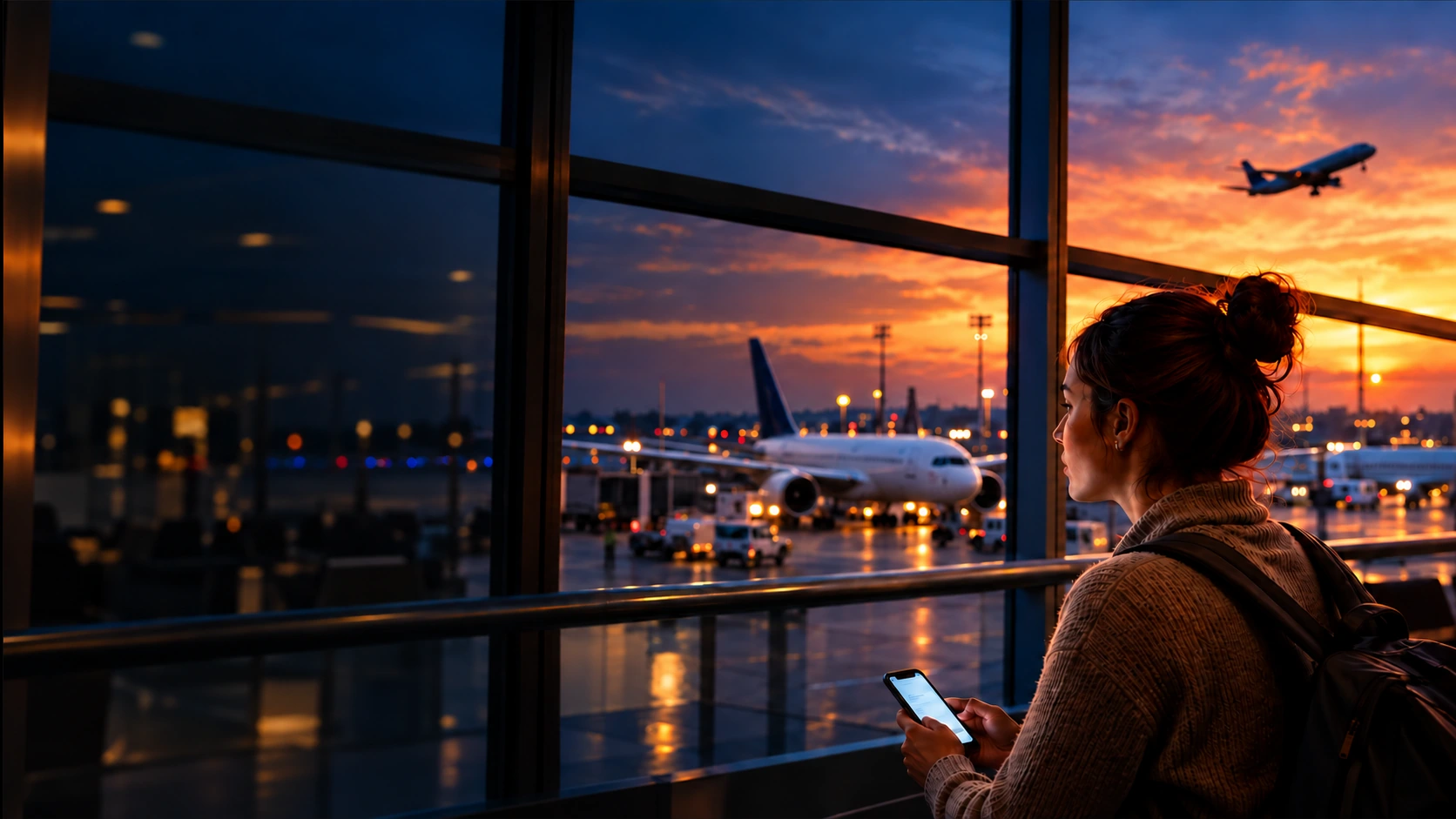 Traveler holding an illuminated phone while looking toward the airport runway at sunset