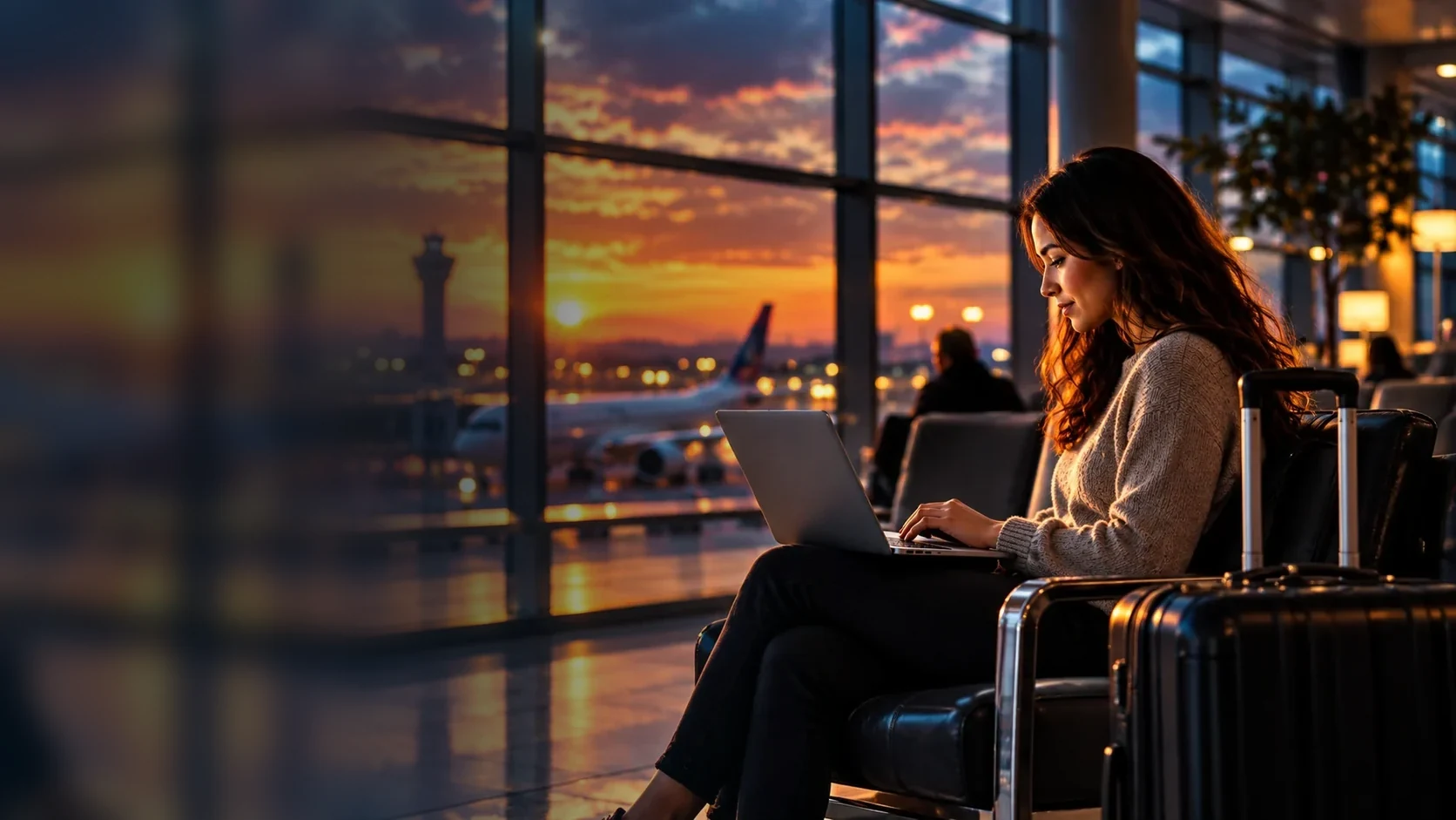 Traveler using a laptop in an airport terminal at sunset while booking a flight