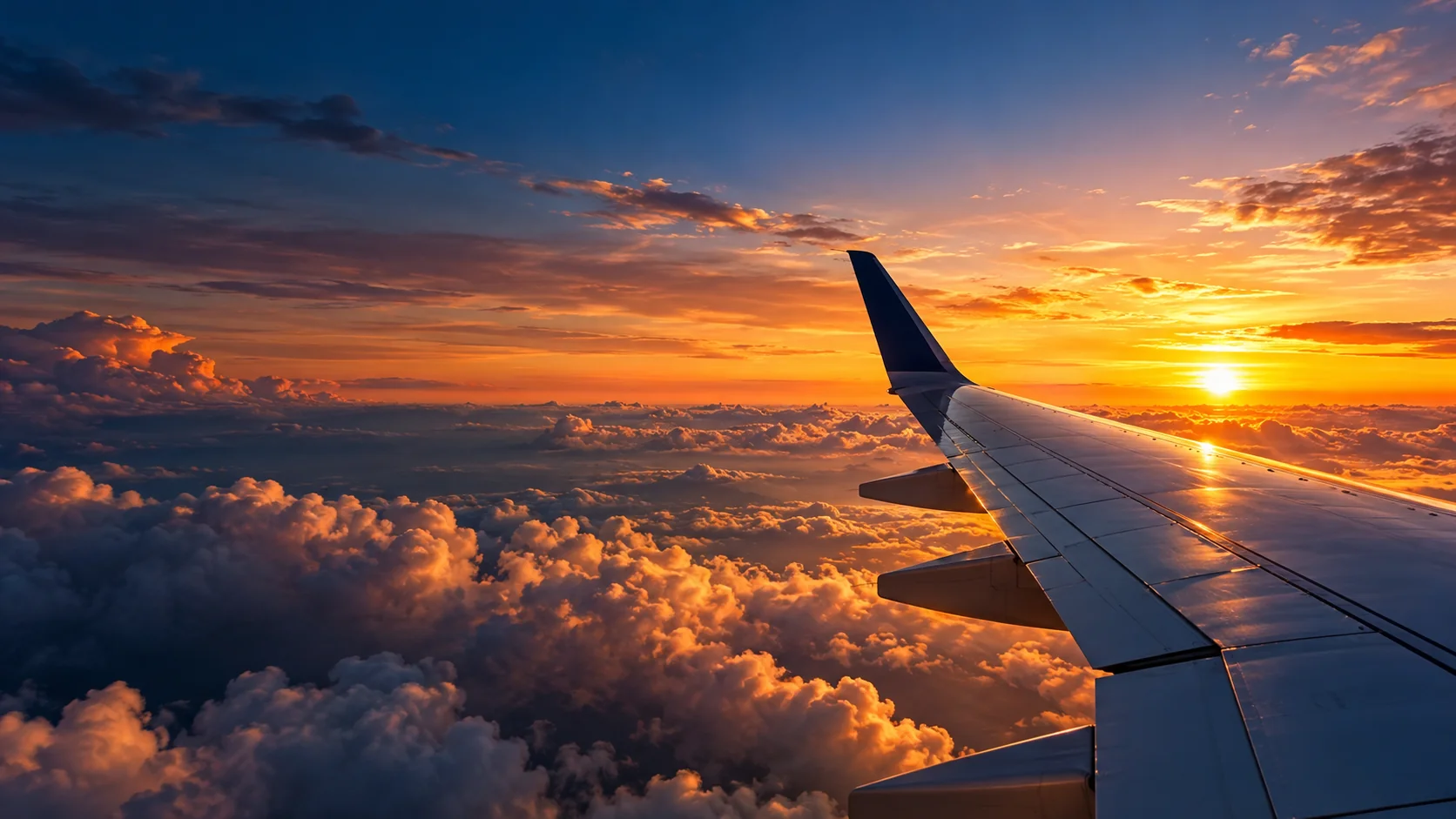 Airplane wing above clouds at golden sunset